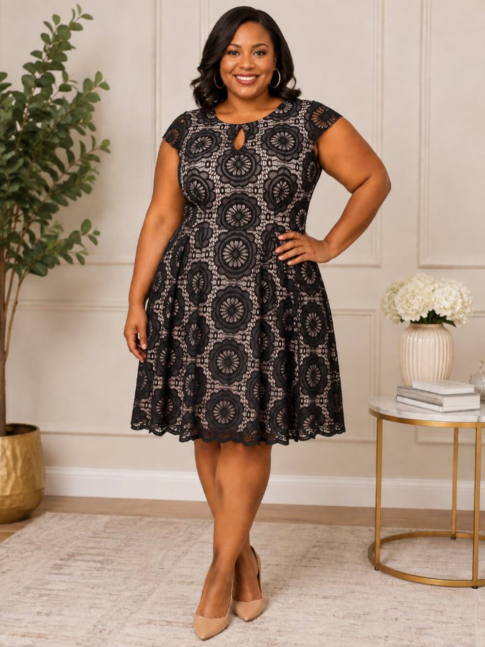 London Style Collection Black and Nude Lace Fit and Flare Dress 18W NWT
